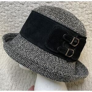 Eric Javits Black Beige Woven Fabric Hat OS Water Repellent Packable Bucket